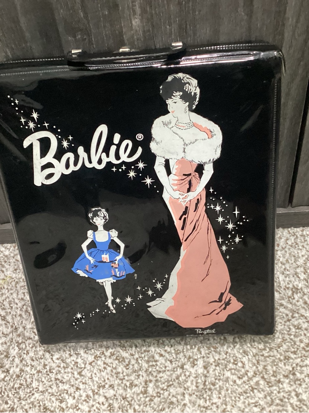 Vtg. Black Vinyl 1962 PONYTAIL BARBIE TRAVEL CASE.  Mattel 12”s H by 10.5